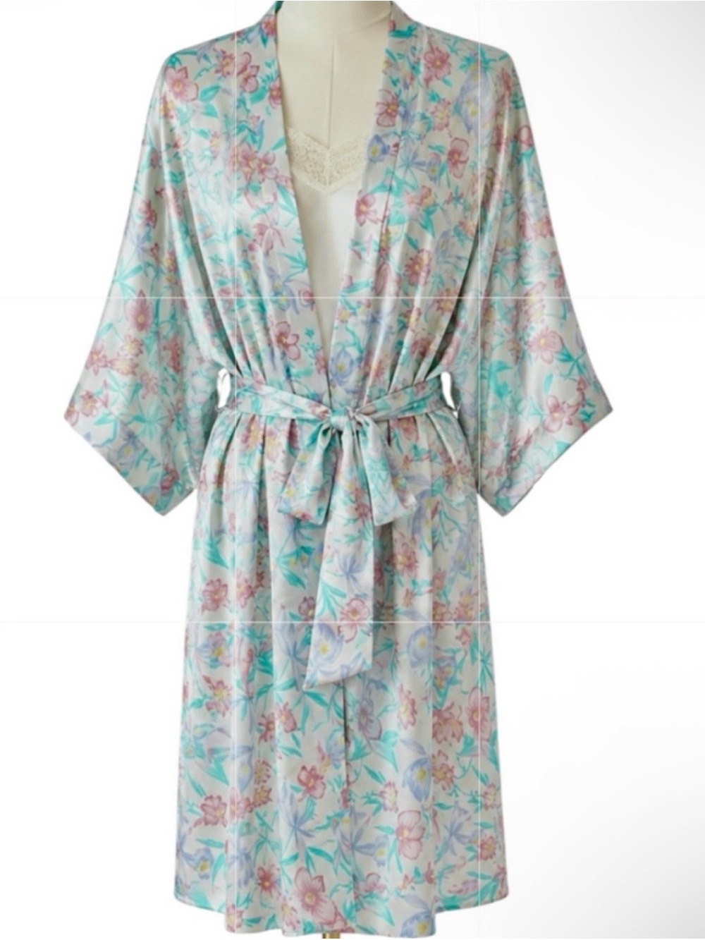 Vintage Pastel Botanical Satin Kimono Robe Cottagecore Whimsy Romantic Bridal OS - Picture 1 of 12